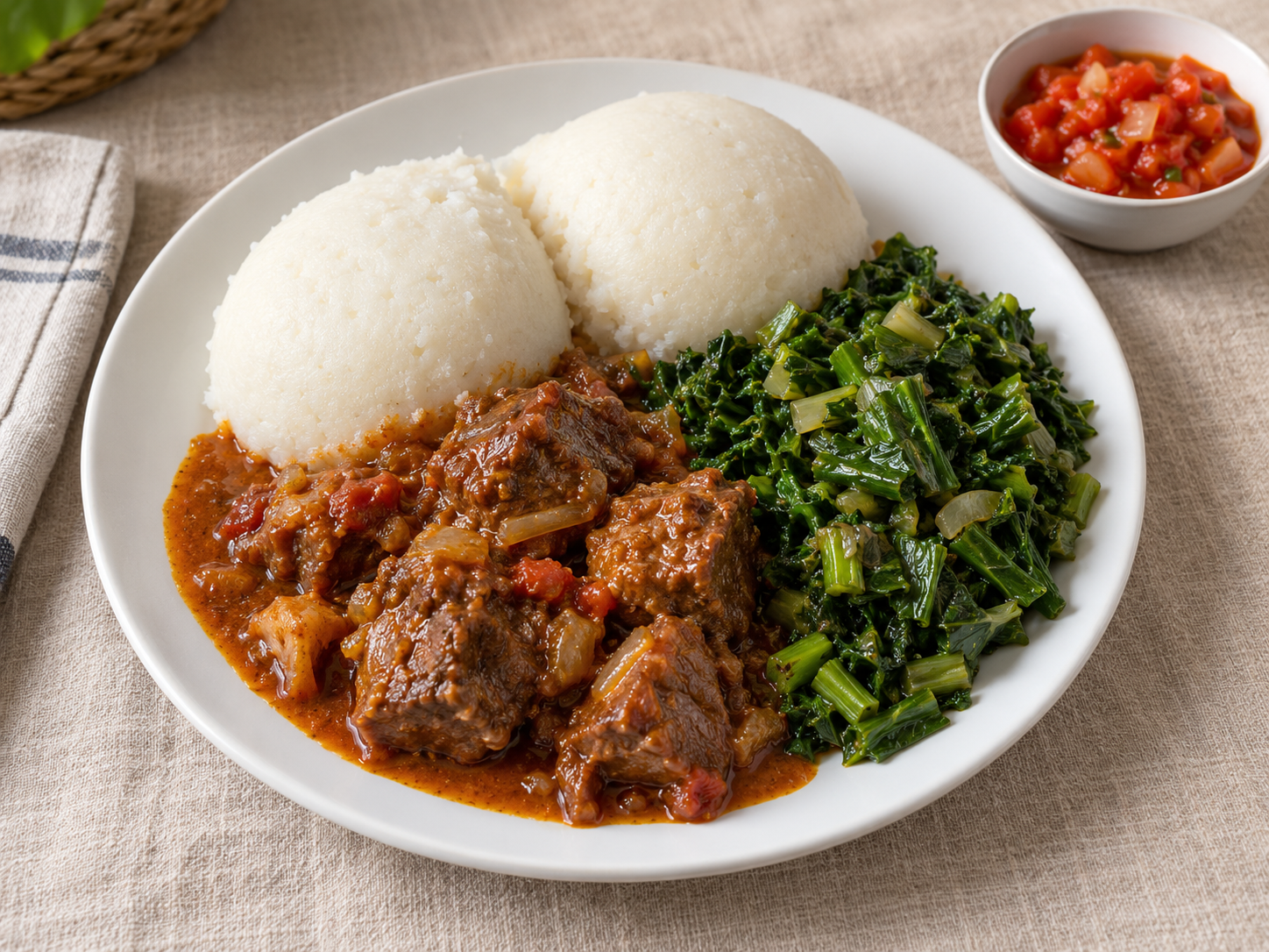 Nshima, beef stew and cooked leafy greens